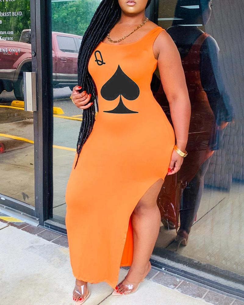 

Poker Print Sleeveless Slit Maxi Dress, Orange