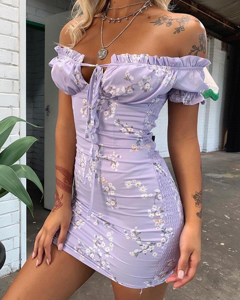 

Floral Print Off Shoulder Ruffles Dress, Purple