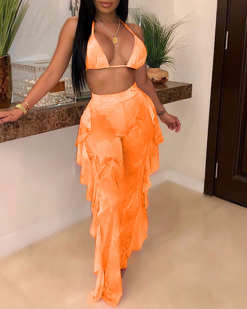 

Halter Tie Dye Print Bikini Top & Ruffles Mesh Pants Set With Panty, Orange