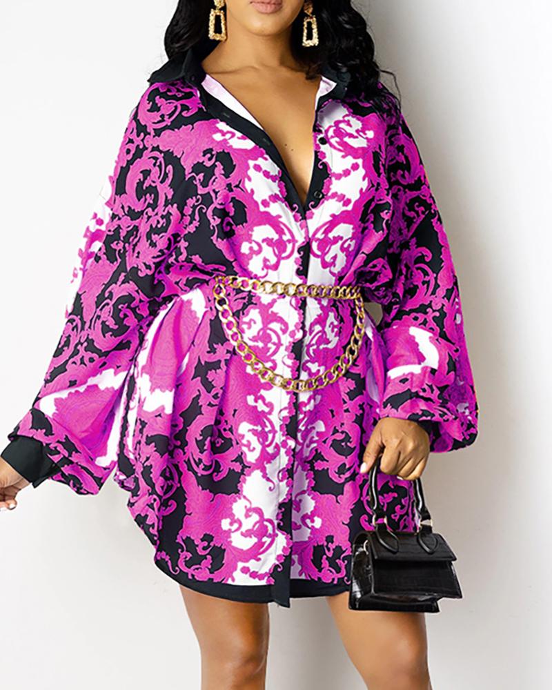 

Graphic Print Long Sleeve Shirt Dress, Purple