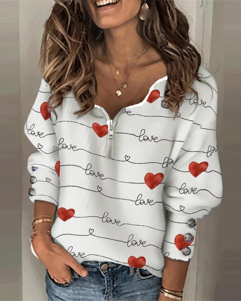 

Heart Print Zipper Design Lantern Sleeve Sweater, White