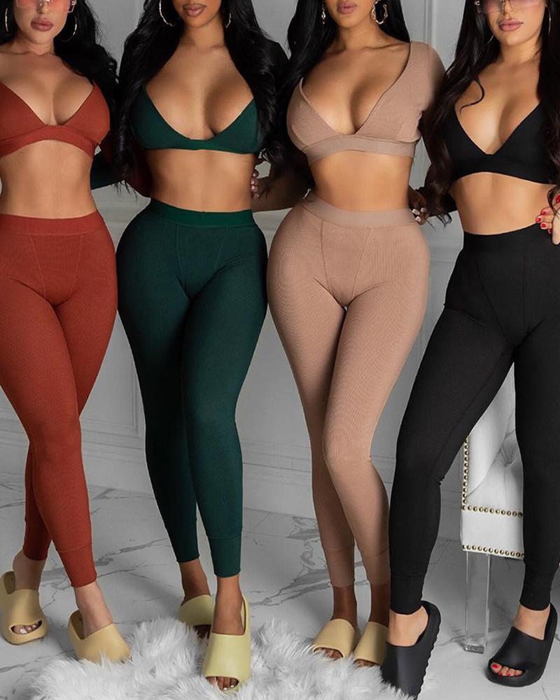 

Plain Crop Top & Skinny Pants Set, Green