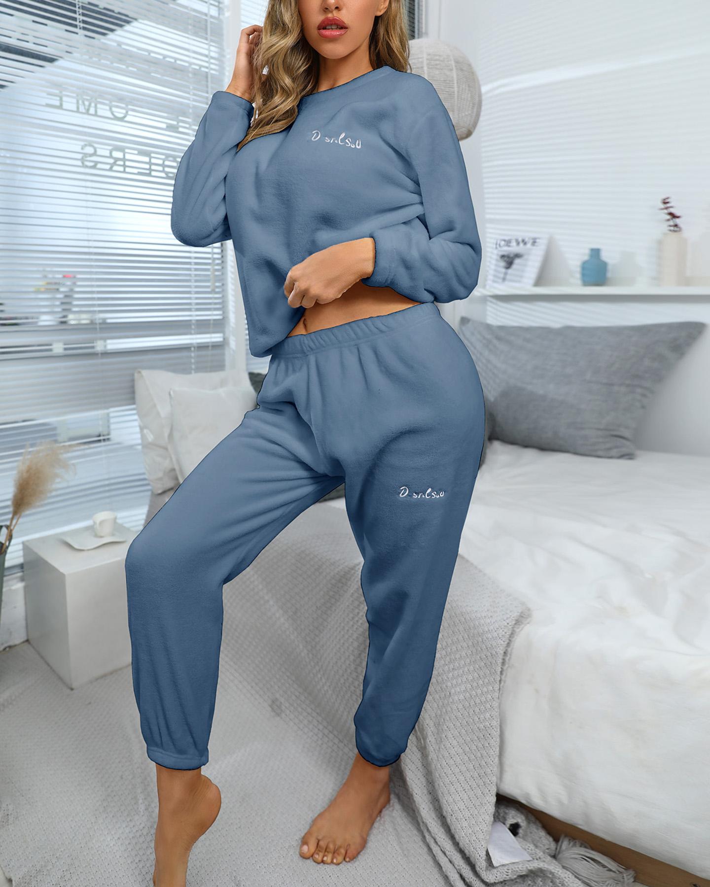

Plain Warm Long Sleeve Top & Pants Set, Blue