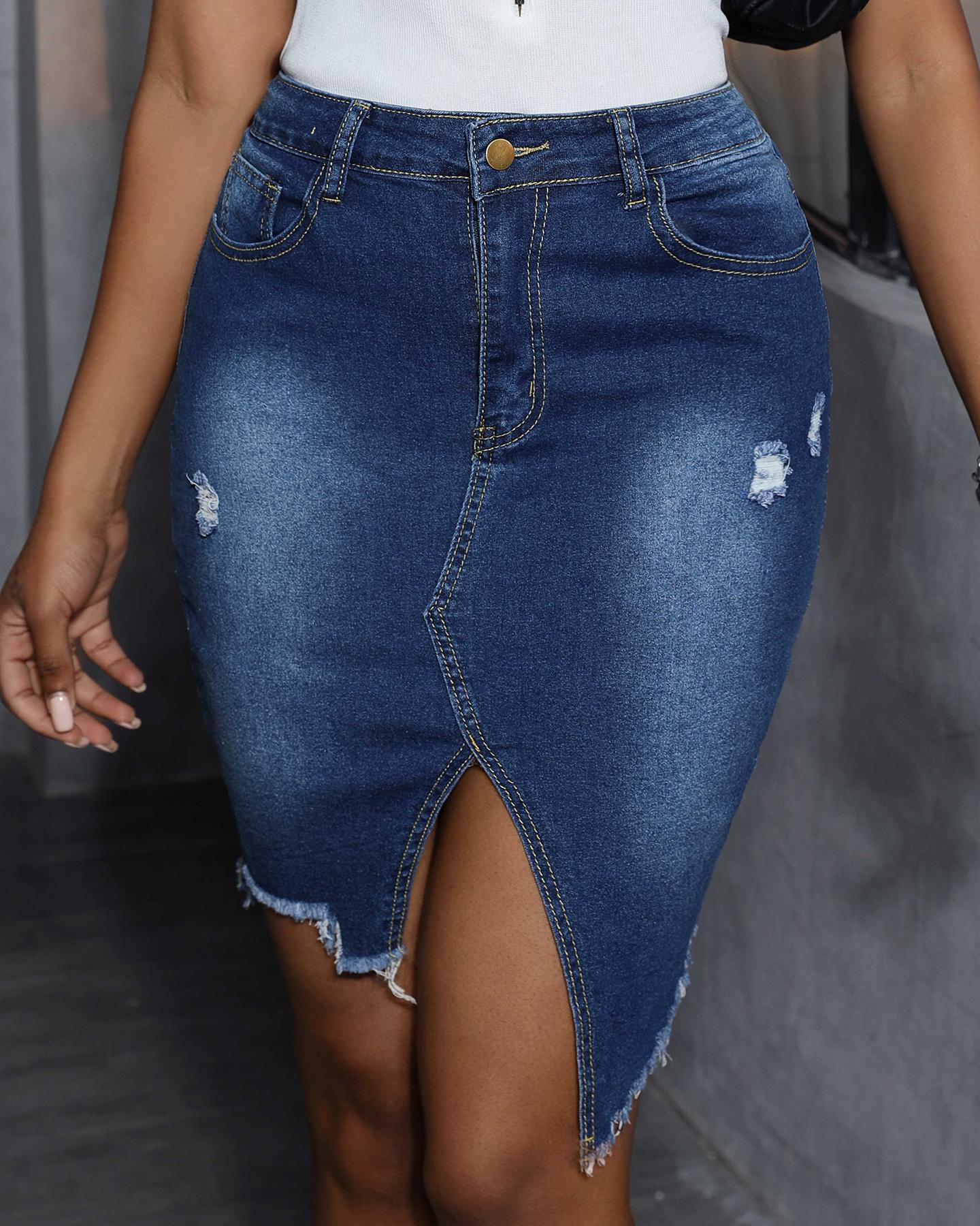 

High Waist Slit Denim Skirt, Blue