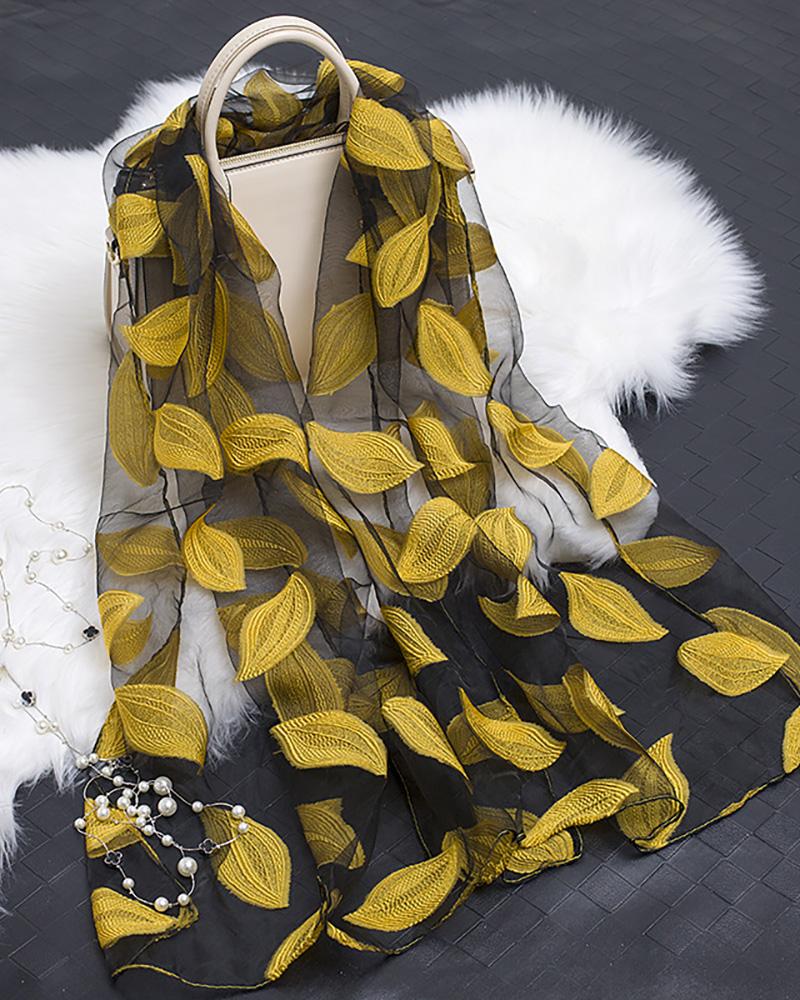 

Leaf Pattern Mesh Scarf, Yellow