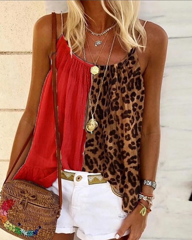 

Leopard Print Colorblock Tank Top, Red