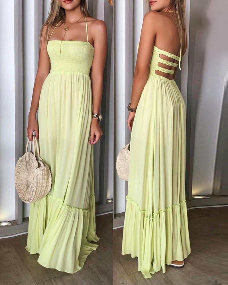 

Halter Shirring Design Ladder Cutout Maxi Dress, Yellow
