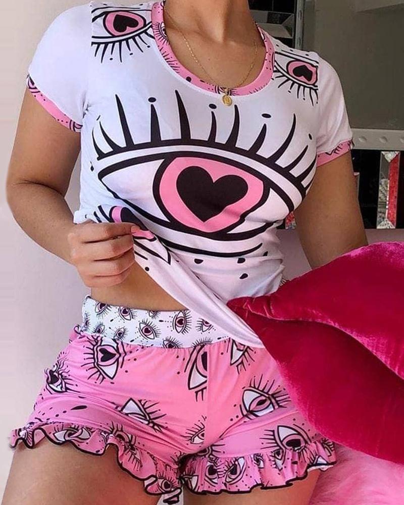 

Eye Print High Waist Ruffle Hem Lounge Shorts Set, Pink