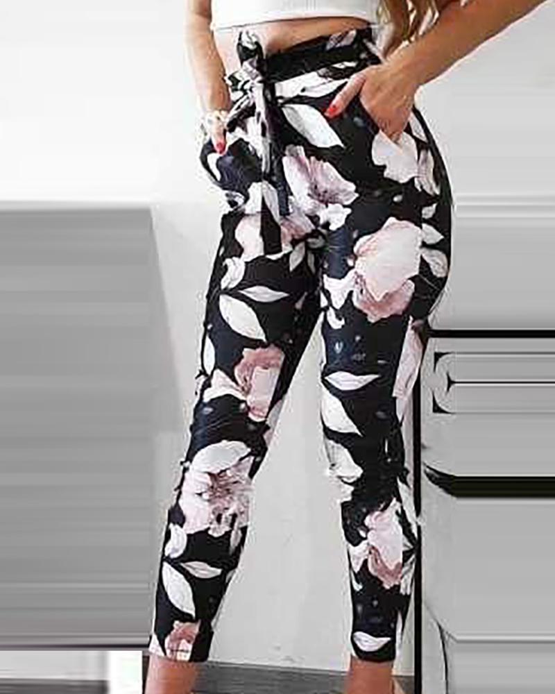

Floral Print High Waist Skinny Pants, Black