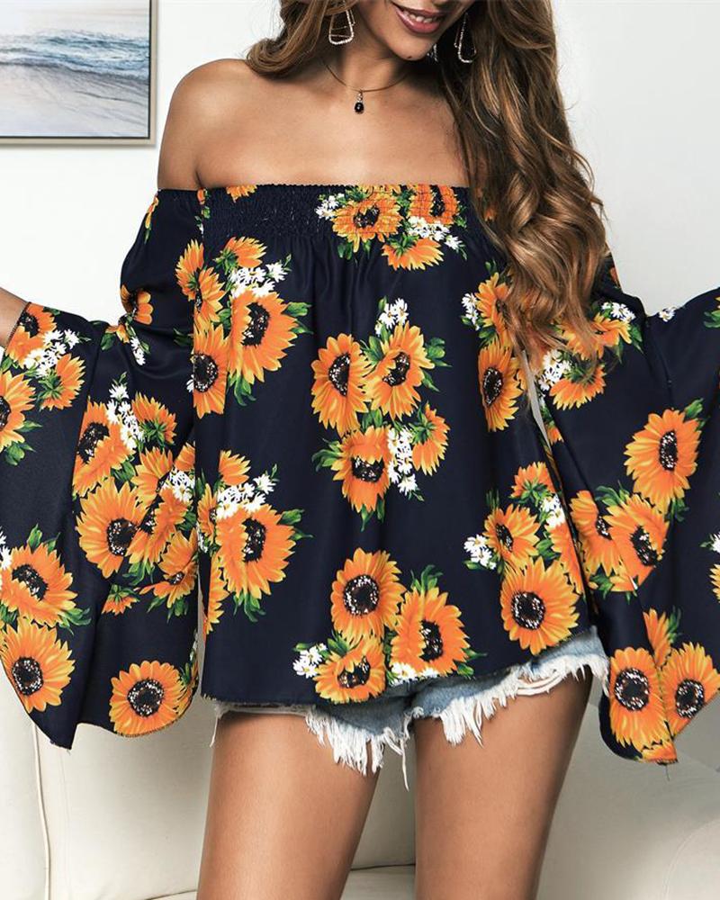 

Off Shoulder Sunflower Print Ruffles Top, Black