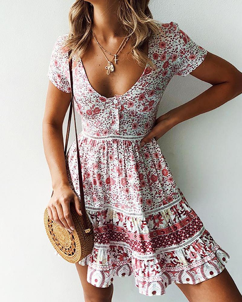 

V-neck Floral Print Casual Dress, Pink