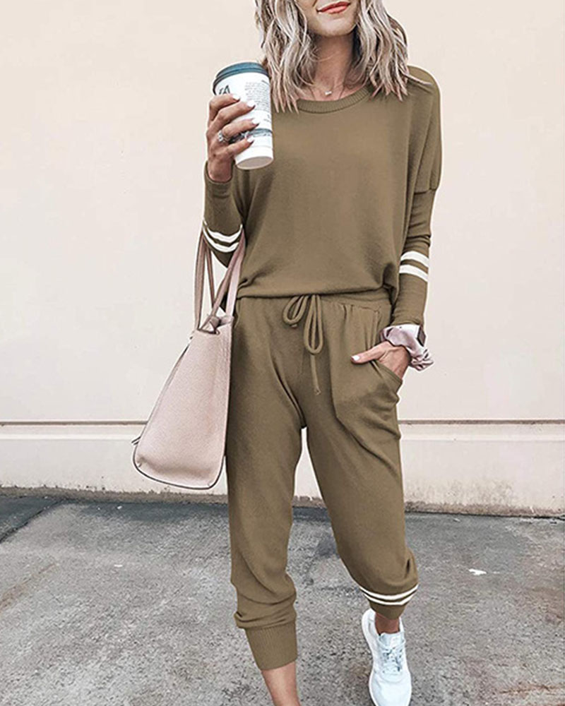 

Solid Long Sleeve T-shirt With Pants Suit Sets, Khaki