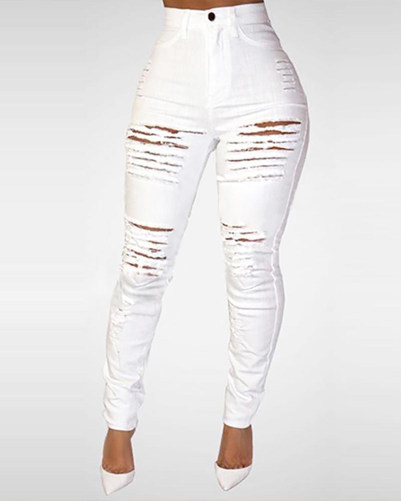 

Plus Size Fringe Hem Ladder Cutout Denim Pants, White