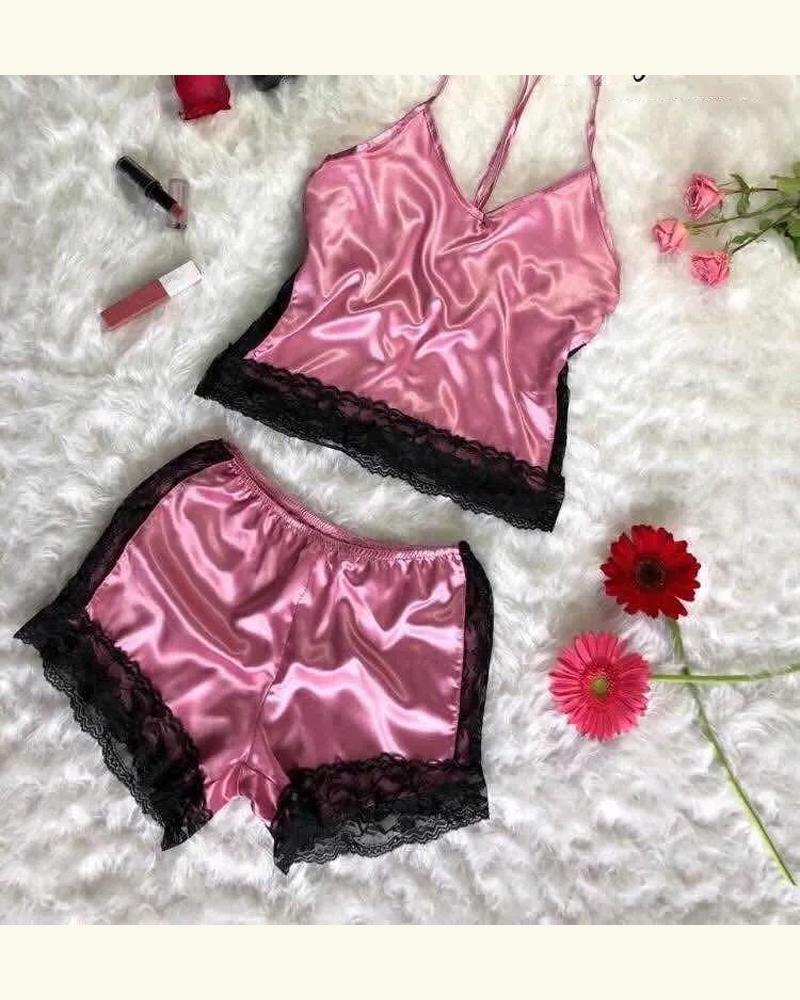 

Solid Color Splicing Lace Halter Sleeveless 2-Piece Pajamas Sets, Pink