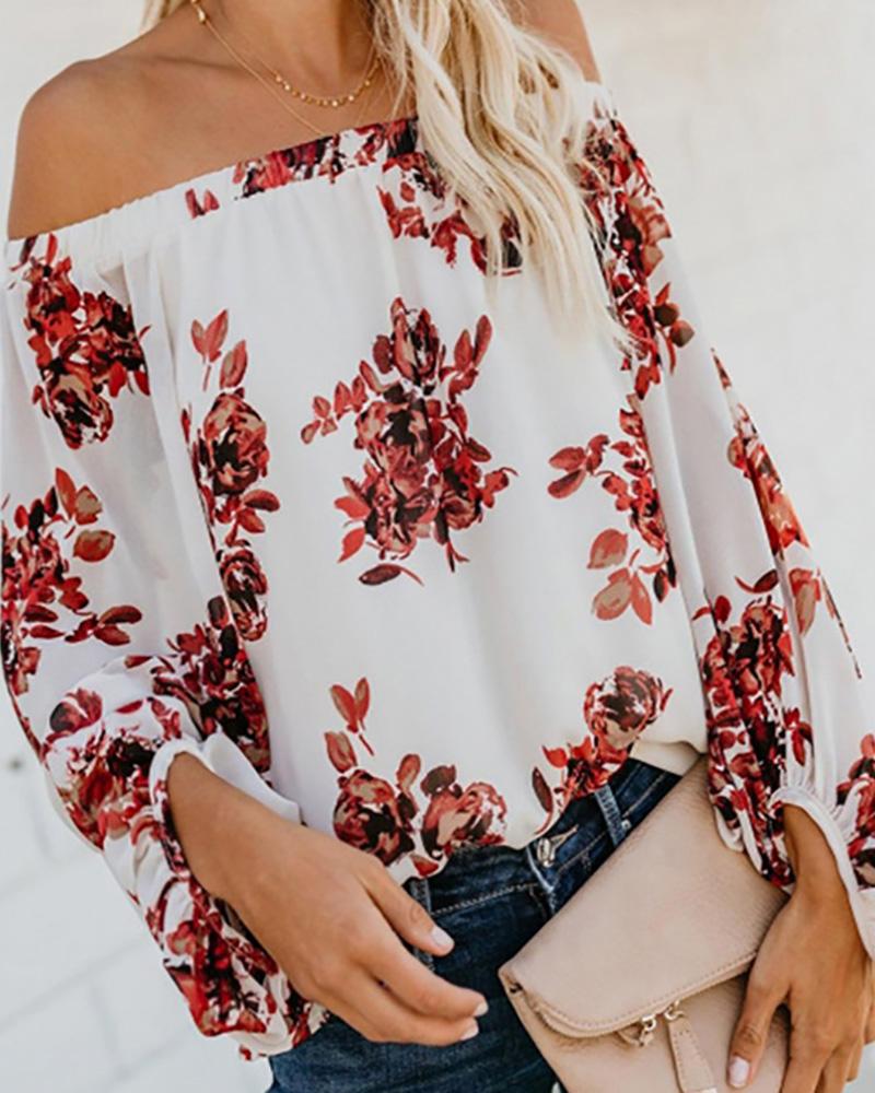 

Off Shoulder Lantern Sleeve Floral Print Top, White