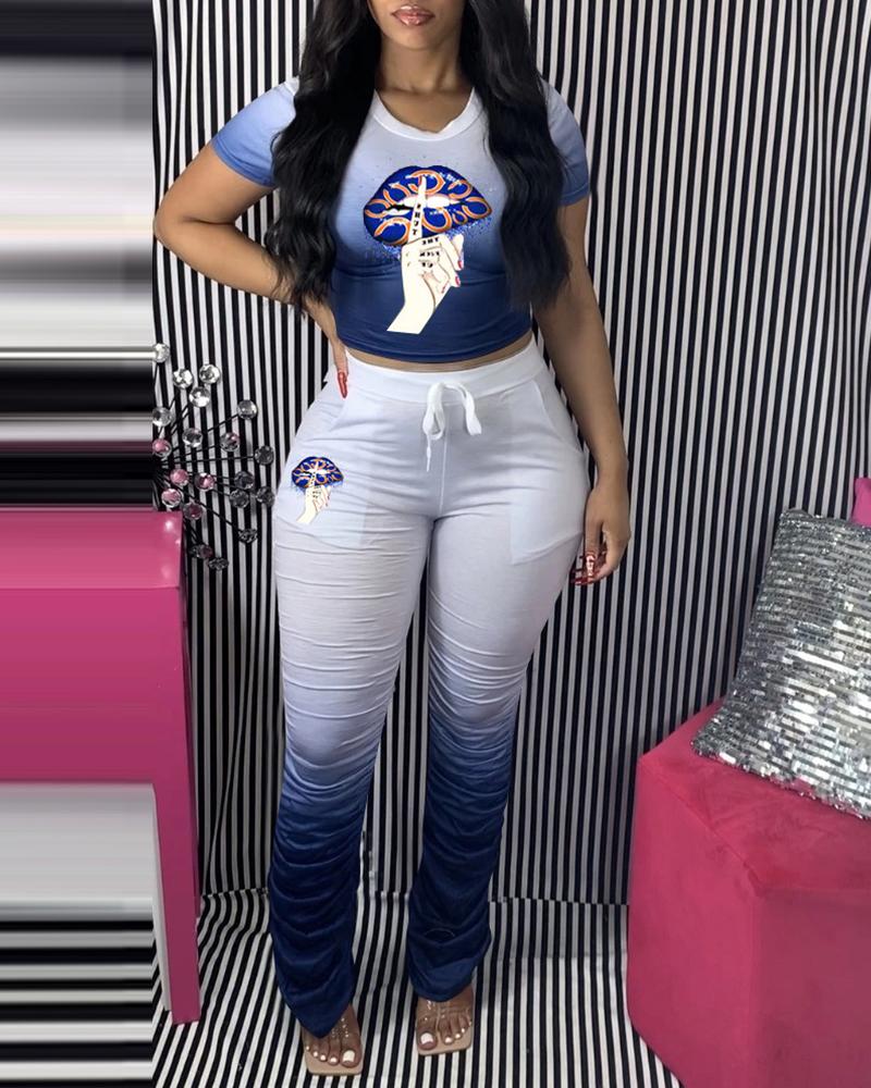 

Lip Slogan Print Crop Top & Ruched Pants Set, Dark blue