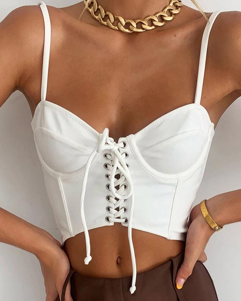 

Plain Sweetheart Neck Spaghetti Strap Eyelet Lace Up Design Cami, White