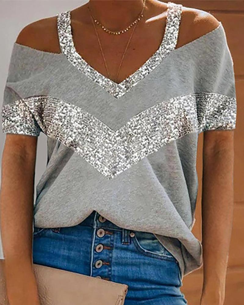 

Sequins Colorblock Cold Shoulder T-Shirt, Gray