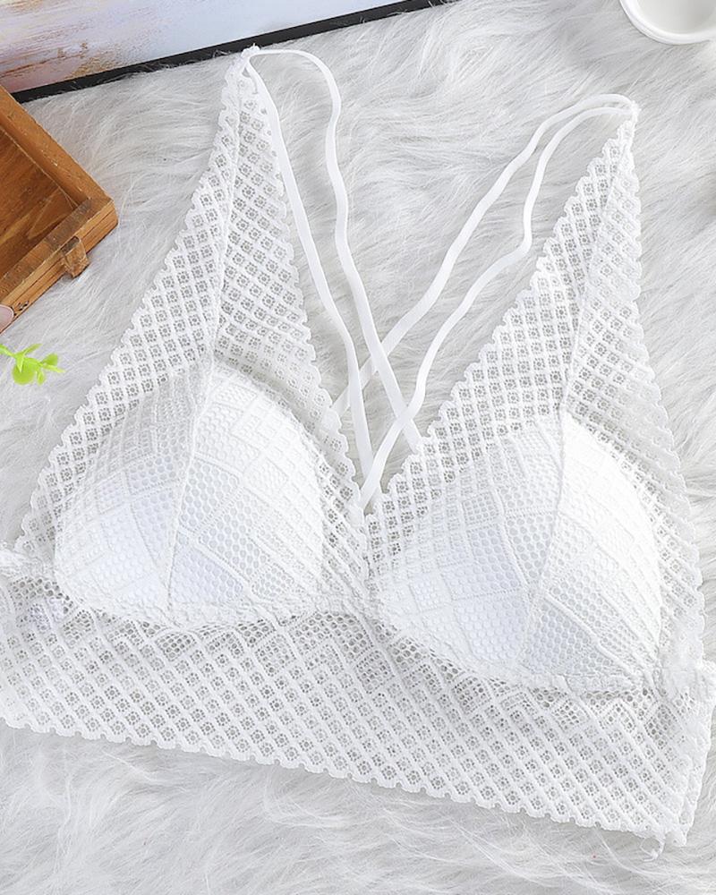 

Lace Bralette Hollow Out Lace Bra Crop Top Wireless Underwear Deep V Push Up Bra, White