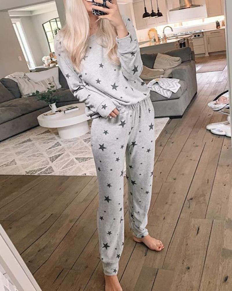 

Star Print Long Sleeve Pajamas Set, Gray
