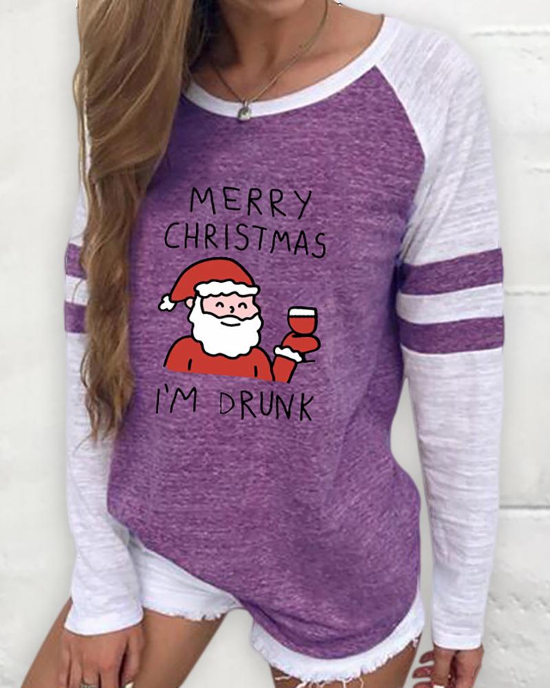 

Christmas Long Sleeve Casual Santa Print Sweatshirt, Purple