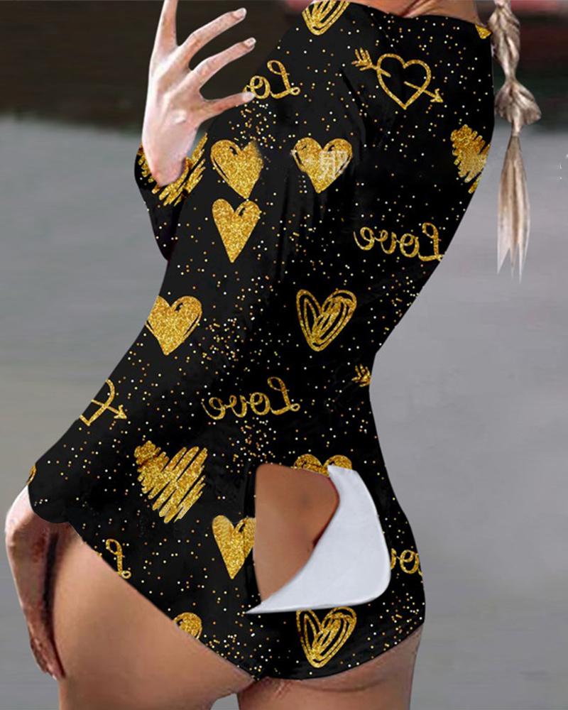 

Heart Letter Print Long Sleeve Functional Button Design Romper, Black