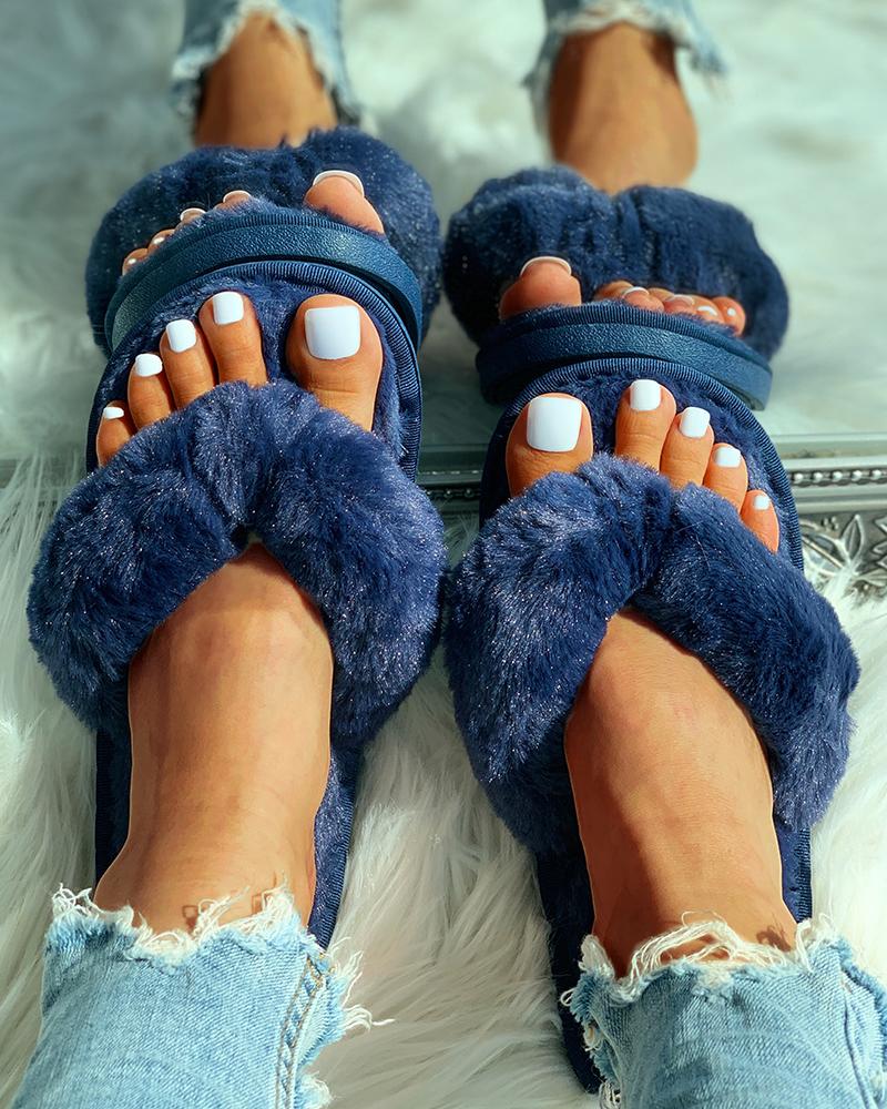 

Toe Post Fluffy Flat Slipper, Blue