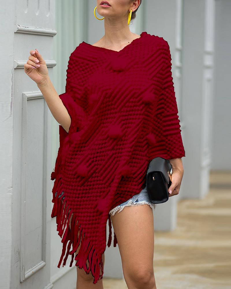 

Tassel Design Pom Pom Cloak Sweater, Red