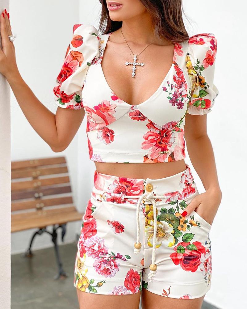 

Floral Print Puff Sleeve Crop Top & Drawstring Shorts Set, White