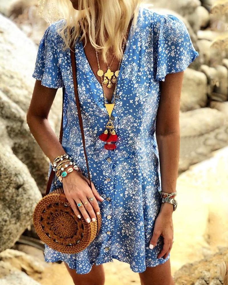 

Floral Print Short Sleeve Mini Dress, Blue