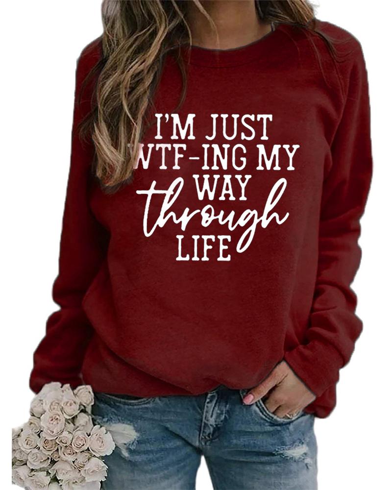 

Letter Print Round Neck Long Sleeve Sweatshirt, Wine red