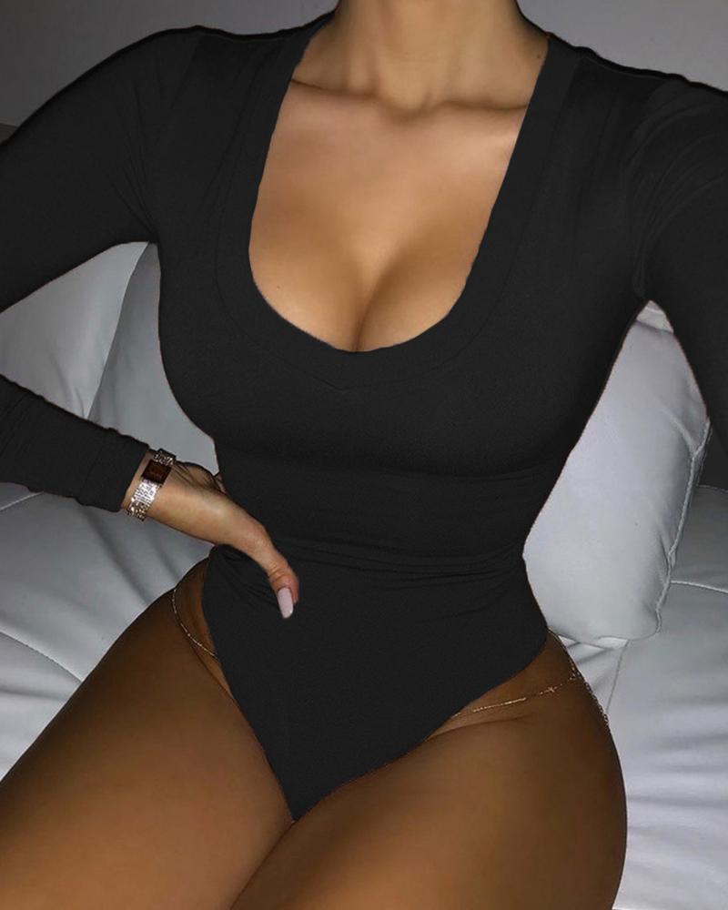 

Solid Long Sleeve Skinny Bodysuit, Black