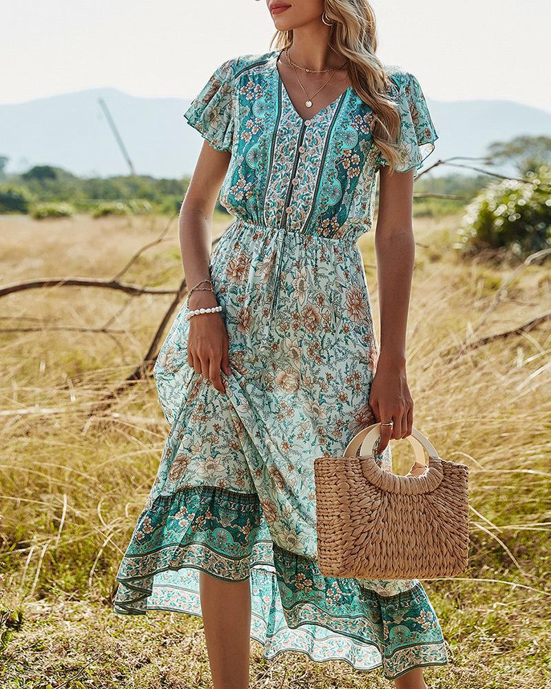 

Floral Print Ruffles Short Sleeve Maxi Dress, Green