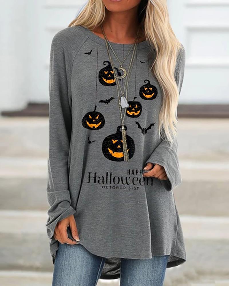 

Halloween Letter Pumpkin Print Casual Women Top, Gray