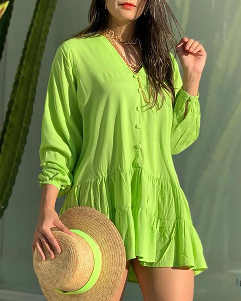 

Long Sleeve Ruffles Hem Casual Shirt Dress, Light green