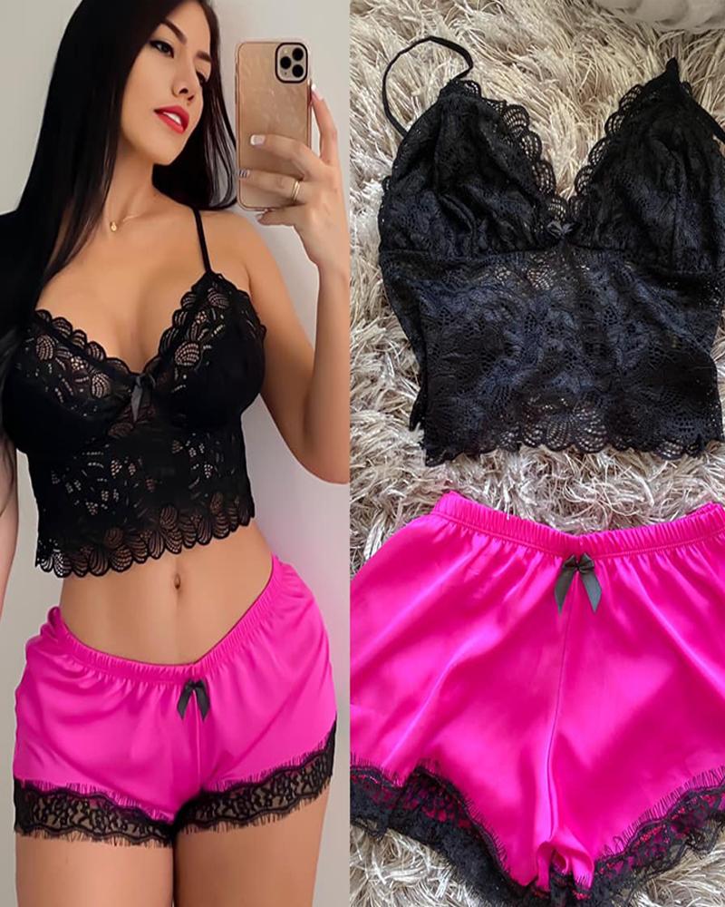 

Eyelash Lace Bowknot Detail Cami Set, Hot pink
