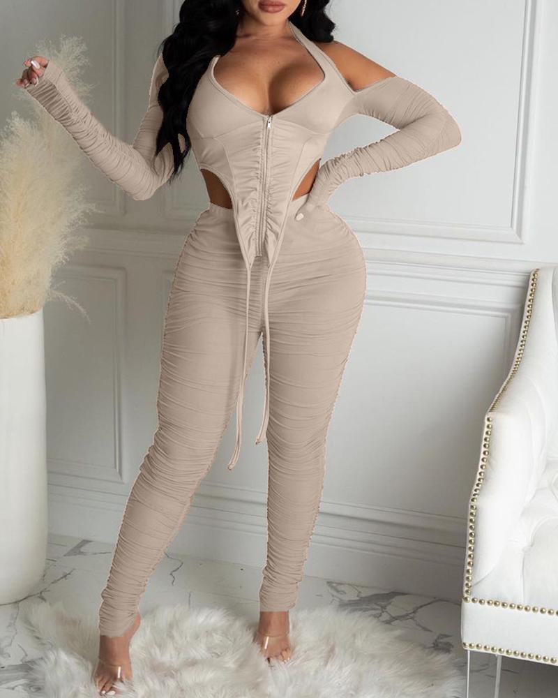 

Cold Shoulder Sheer Mesh Top & Pants Set, Apricot