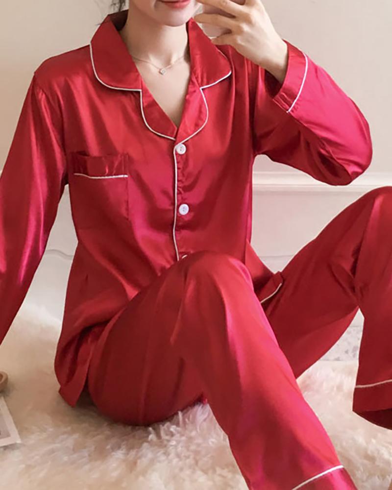 

Contrast Binding Button Front Satin Pajama Set, Red