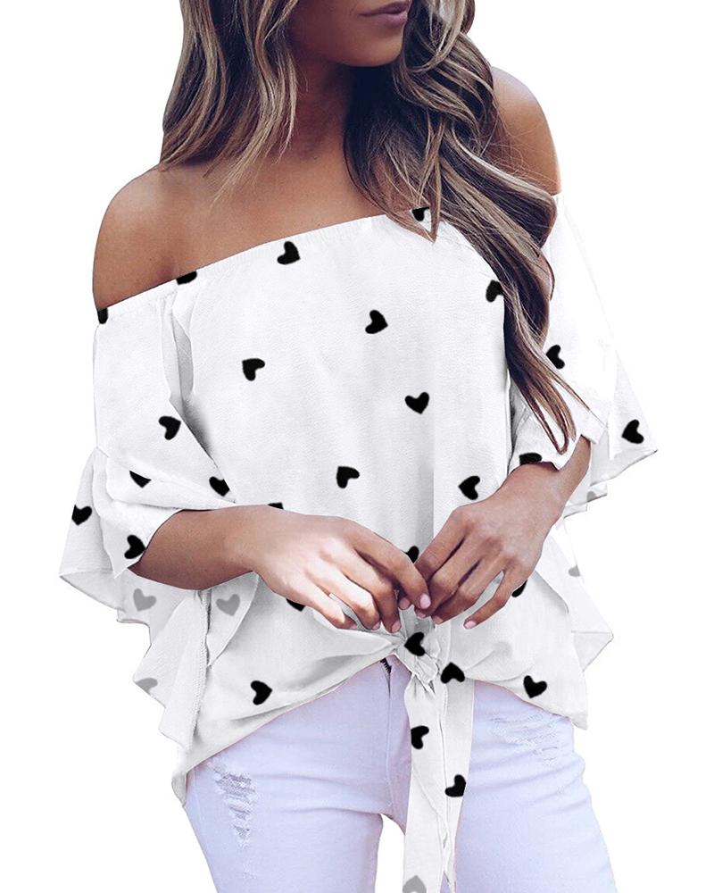 

Tie Knot Heart Print Ruffles Top, White