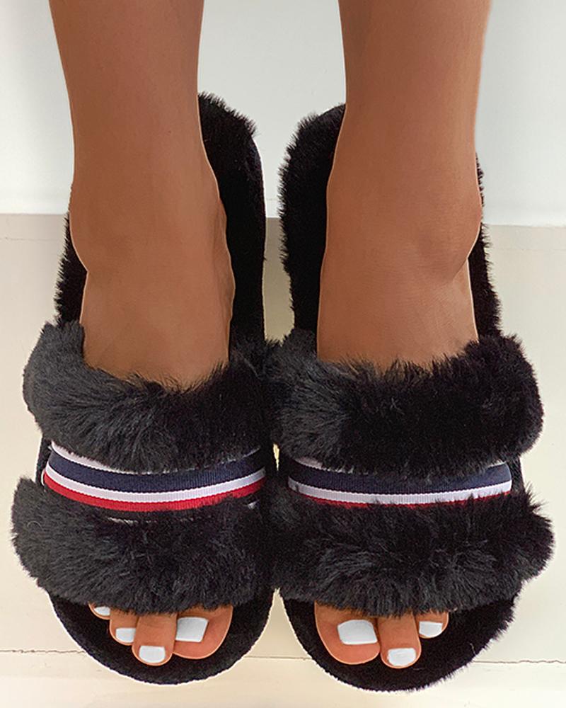 

Striped Tape Colorblock Fluffy Slippers, Black