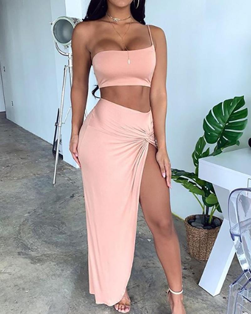 

Spaghetti Strap Crop Top & High Slit Skirt Set, Pink