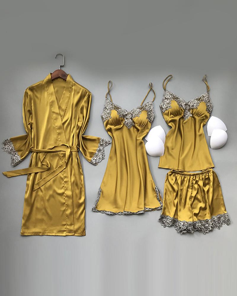 

Splicing Lace Trim Satin 4PCS Sleepwear Set, Yellow