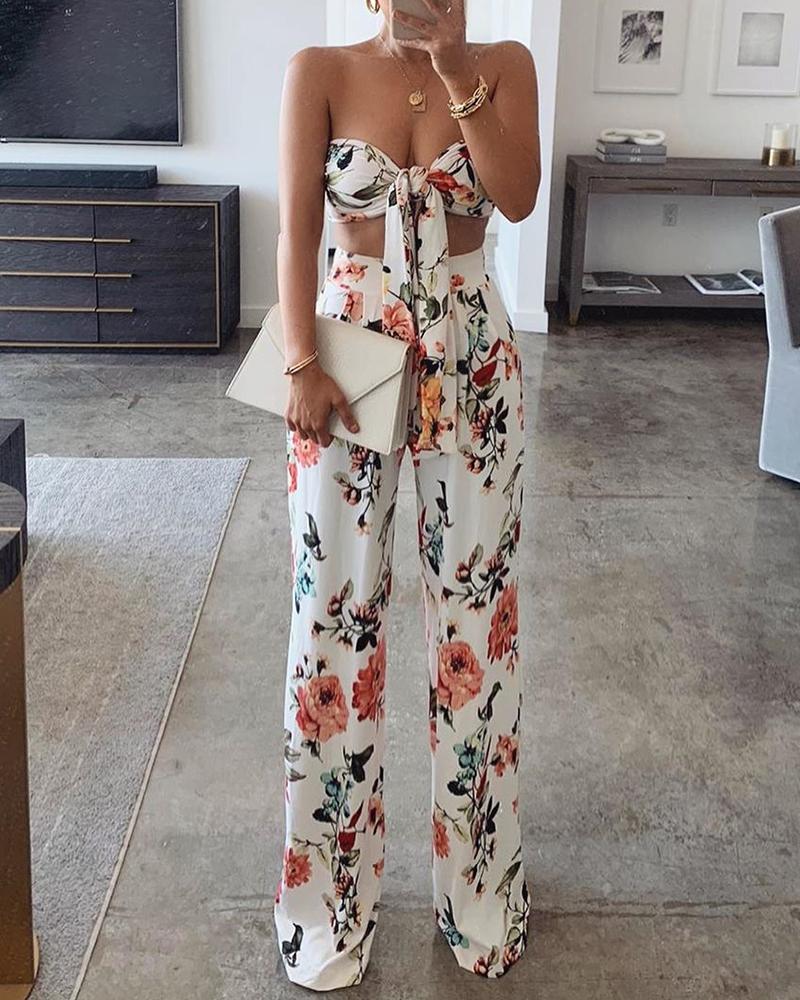 

Blooming Floral Print Bandeau Knotted Top & Pants Set, Orange