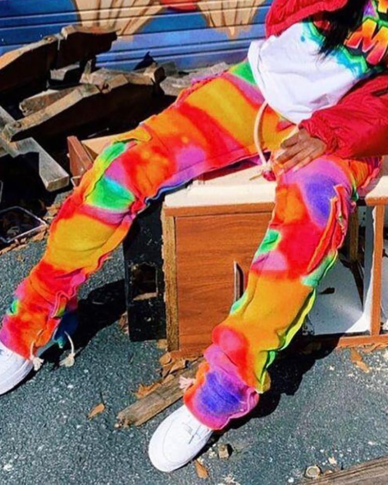 

Tie Dye Print Pocket Design Fold Pants, Multicolor