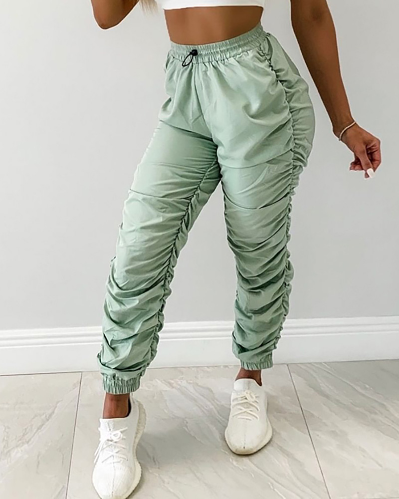 

Plain Ruched High Waist SweatPants, Green