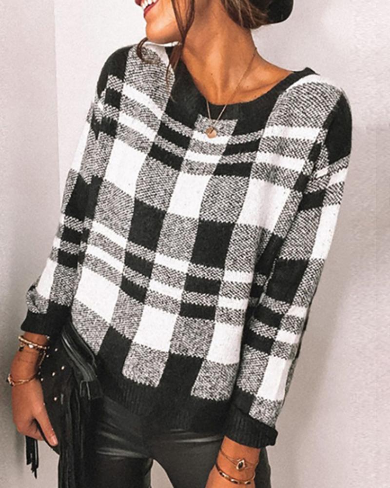 

Long Sleeve V-Neck Plaid Top, Black