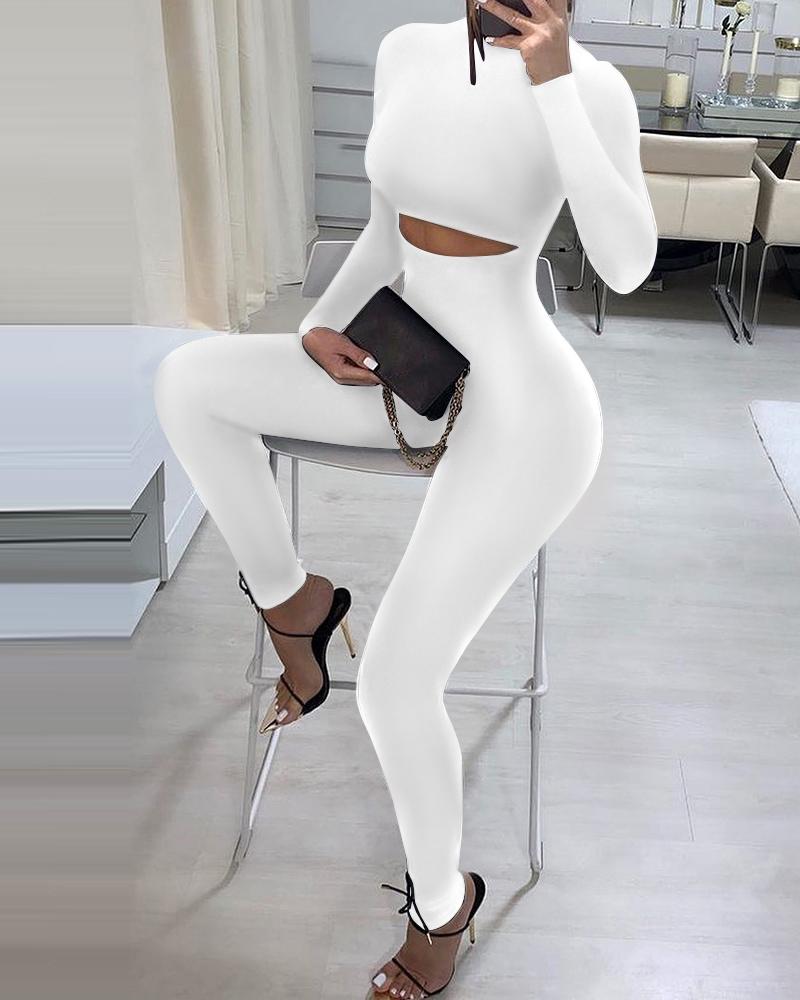 

Long Sleeve Cutout Skinny Jumpsuit, White
