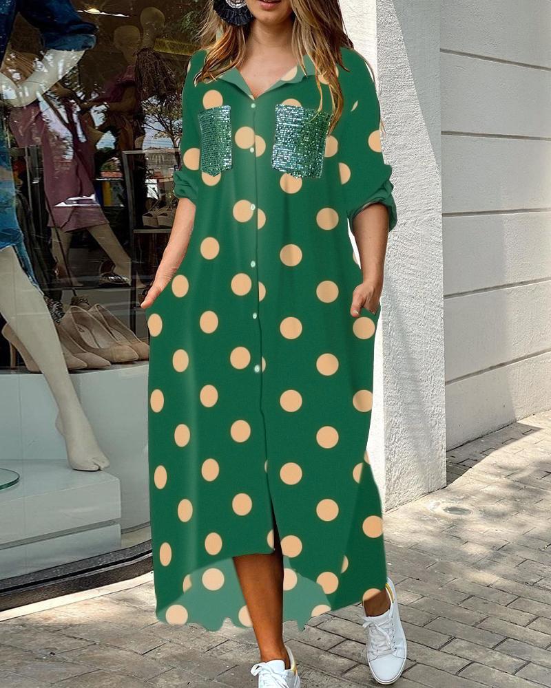 

Sequins Patch Polkadot Print Shirt Dress, Green