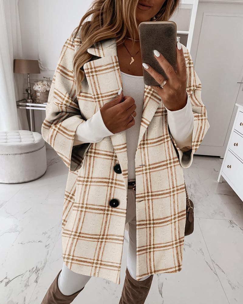 

Plaid Button Design Long Sleeve Casual Coat, Beige