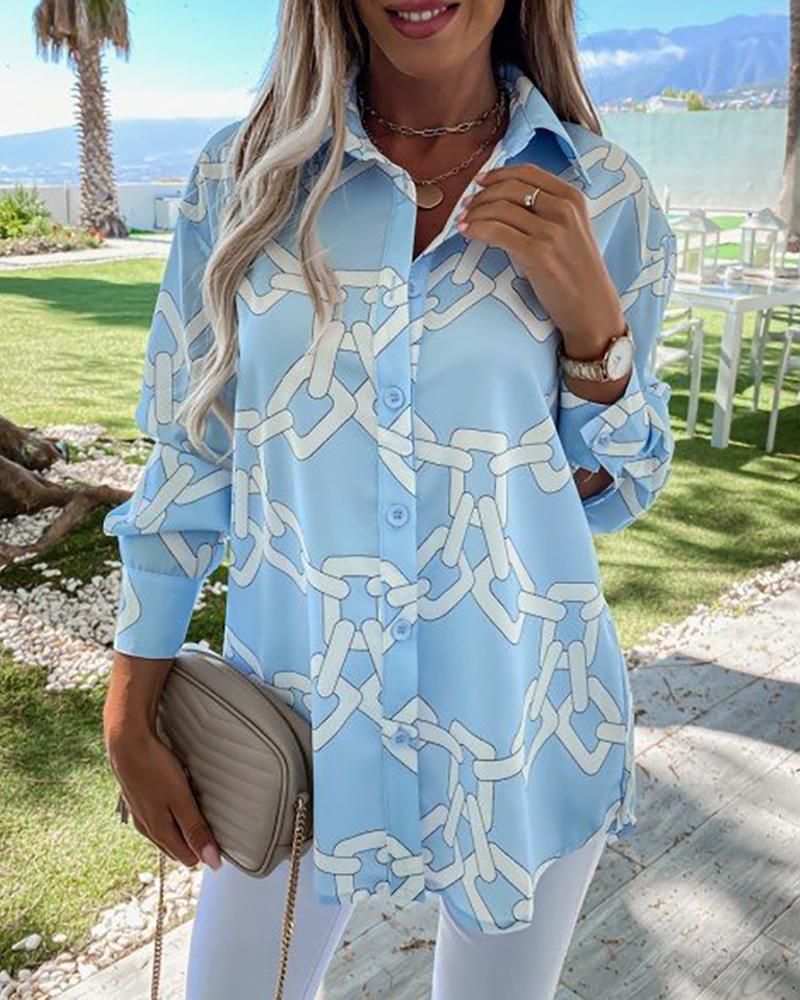 

Chain Print Long Sleeve Casual Shirt, Blue